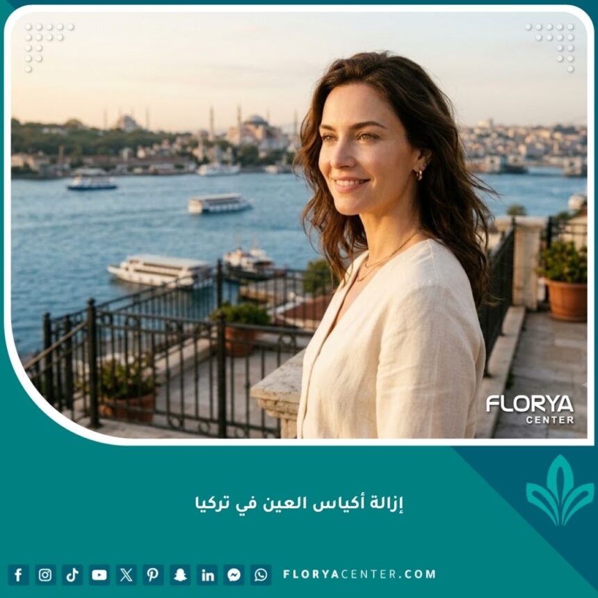 نتيجة إزالة أكياس العين في تركيا: امرأة تبتسم بعد تجميل الجفن وإزالة الانتفاخات الدهنية تحت العين في اسطنبول.