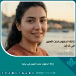 صورة غلاف مقالة عن عملية إزالة الدهون تحت العين في تركيا، امرأة شابة مبتسمة ذات عيون مشرقة وخلفية بانورامية لمدينة إسطنبول ومضيق البوسفور، تعكس الرفاهية والجمال.