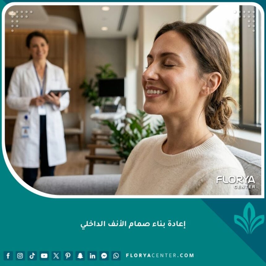 مريض يتنفس براحة تامة بعد نجاح عملية إعادة بناء صمام الأنف الداخلي في عيادة طبية حديثة.