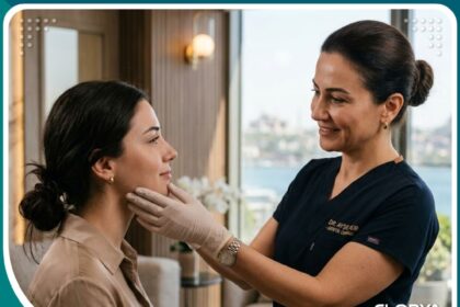 طبيب جراحة تجميل متخصص يفحص مريض قبل عملية إعادة بناء صيوان الأذن في تركيا في عيادة طبية فاخرة.