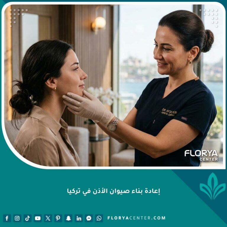 طبيب جراحة تجميل متخصص يفحص مريض قبل عملية إعادة بناء صيوان الأذن في تركيا في عيادة طبية فاخرة.