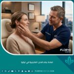 طبيب جراحة تجميل خبير يفحص مريضاً في عيادة تركية فاخرة استعداداً لعملية إعادة بناء الأذن الخارجية.