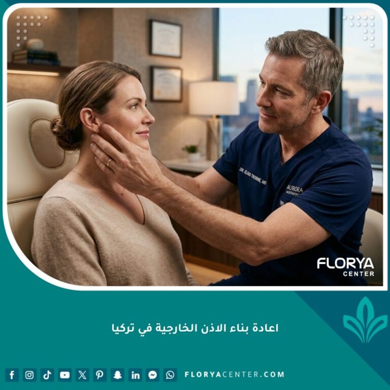 طبيب جراحة تجميل خبير يفحص مريضاً في عيادة تركية فاخرة استعداداً لعملية إعادة بناء الأذن الخارجية.