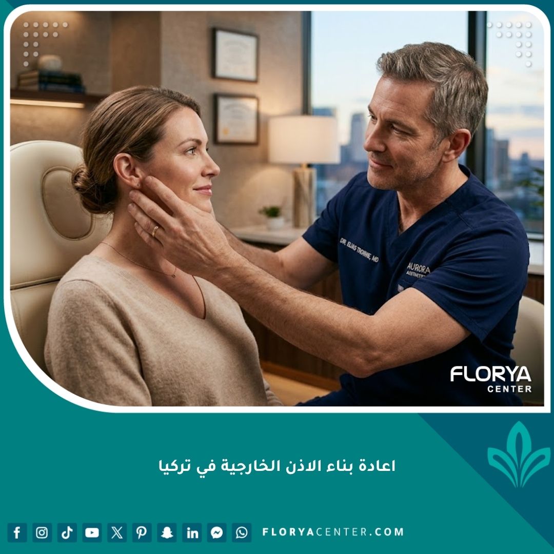 طبيب جراحة تجميل خبير يفحص مريضاً في عيادة تركية فاخرة استعداداً لعملية إعادة بناء الأذن الخارجية.