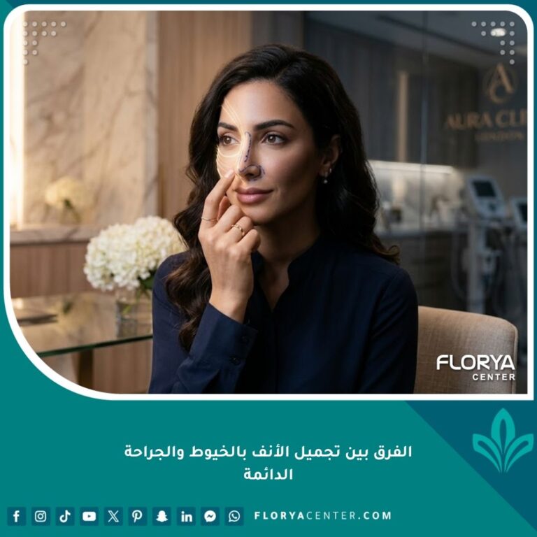 امرأة في عيادة تجميل تفكر في الفرق بين تجميل الأنف بالخيوط كإجراء مؤقت وتجميل الأنف الجراحي كإجراء دائم.