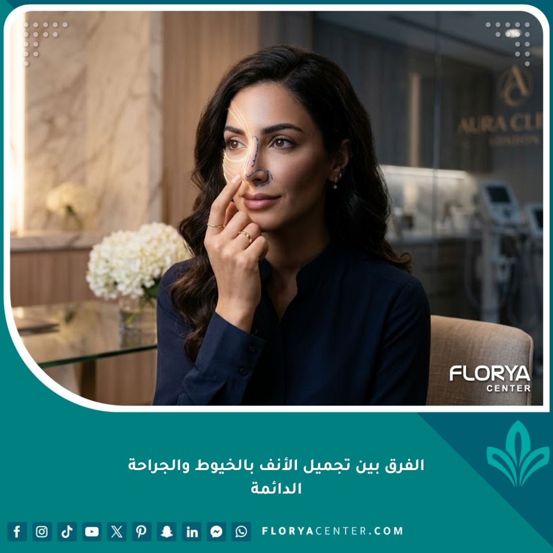 امرأة في عيادة تجميل تفكر في الفرق بين تجميل الأنف بالخيوط كإجراء مؤقت وتجميل الأنف الجراحي كإجراء دائم.