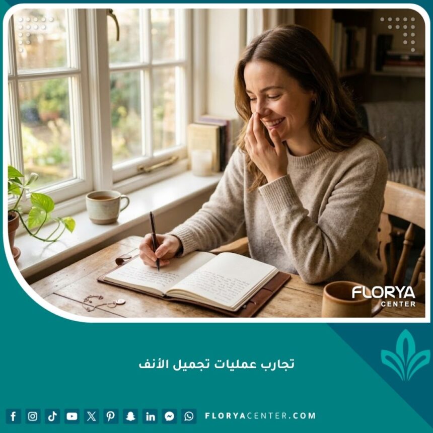 شابة سعيدة تدون يومياتها بثقة وإيجابية ضمن تجارب عمليات تجميل الأنف لمتابعة مراحل التعافي.