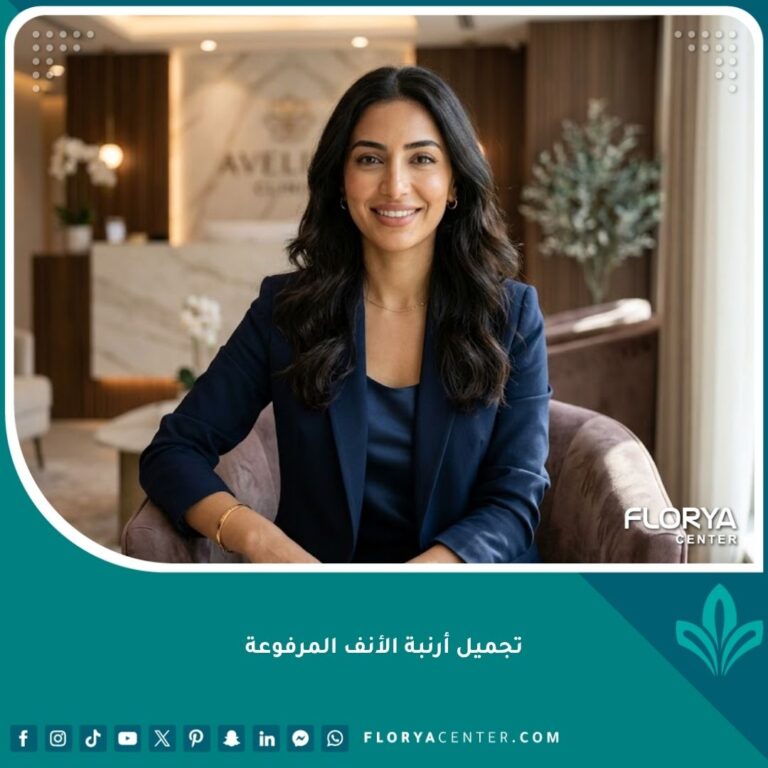 صورة مقربة لامرأة بخطوط وجه متناسقة وجذابة بعد نجاح عملية تجميل أرنبة الأنف المرفوعة وتصحيح الأنف القصير.