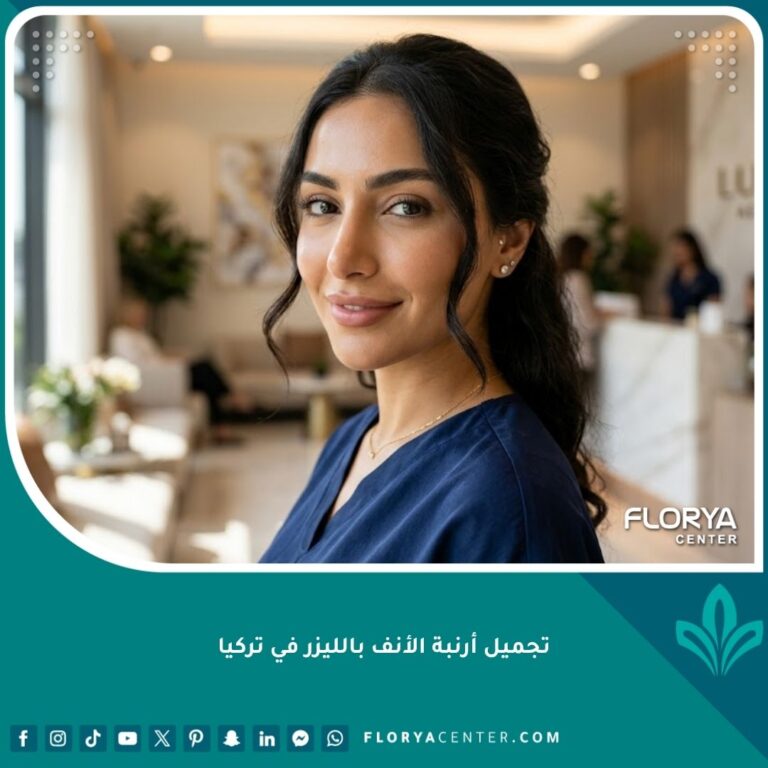 امرأة ذات بشرة نضرة وأنف متناسق بعد إجراء تجميل أرنبة الأنف بالليزر في تركيا، تمثل النتيجة التجميلية المثالية.