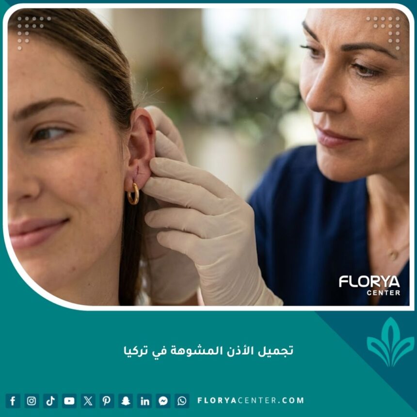 طبيب جراحة تجميل يفحص أذن مريض لتقييم حالة التشوه قبل عملية تجميل الأذن المشوهة في تركيا.