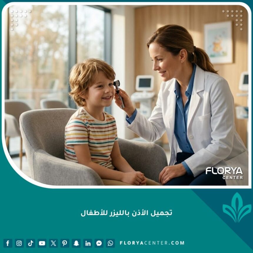 طفل سعيد ومبتسم في عيادة الطبيب استعداداً لعملية تجميل الأذن بالليزر للأطفال بدون ألم وبدون جراحة معقدة.