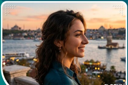 نتيجة تجميل الأنف الطويل في تركيا لامرأة بملامح وجه متناسقة تماماً مع إطلالة على البوسفور في إسطنبول.