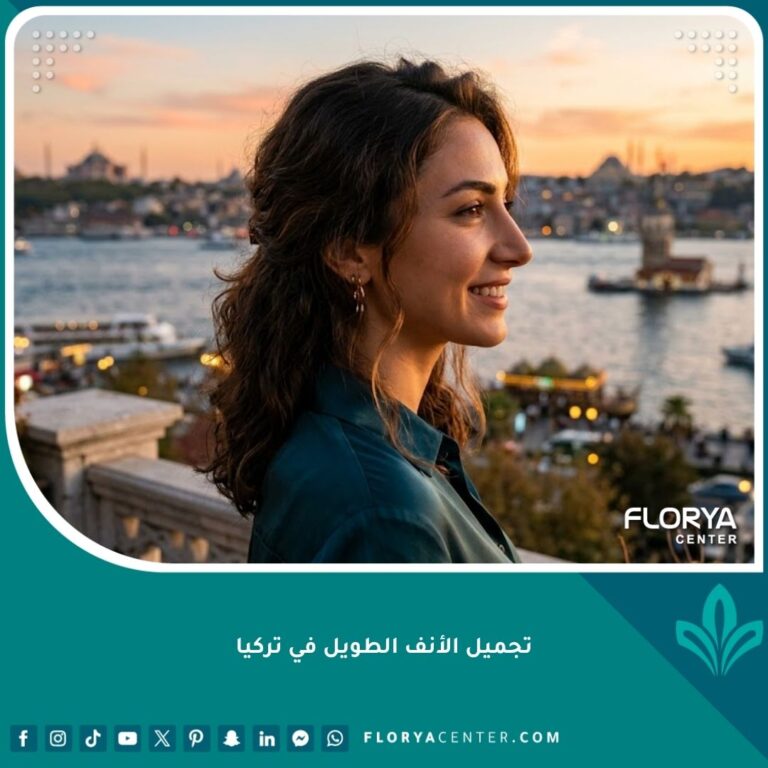نتيجة تجميل الأنف الطويل في تركيا لامرأة بملامح وجه متناسقة تماماً مع إطلالة على البوسفور في إسطنبول.
