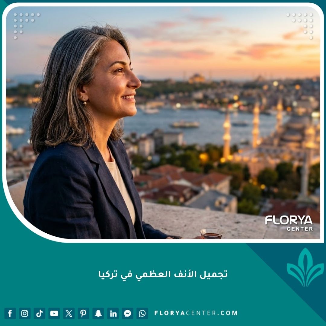 نتيجة ناجحة لعملية تجميل الأنف العظمي في تركيا لامرأة بملامح طبيعية وخلفية لمدينة إسطنبول.