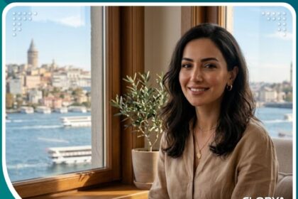 سيدة عربية تبتسم بثقة وتظهر نتائج طبيعية لعملية تجميل الأنف بالفيلر في إسطنبول بتركيا، ويظهر مضيق البوسفور في الخلفية.