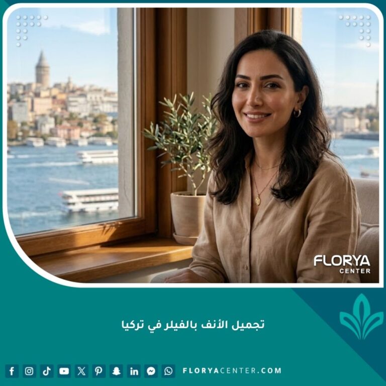 سيدة عربية تبتسم بثقة وتظهر نتائج طبيعية لعملية تجميل الأنف بالفيلر في إسطنبول بتركيا، ويظهر مضيق البوسفور في الخلفية.