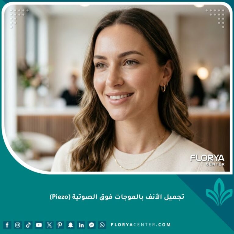 امرأة جميلة تتمتع بنتائج مثالية بعد عملية تجميل الأنف بالموجات فوق الصوتية بيزو بملامح طبيعية ومتناسقة.