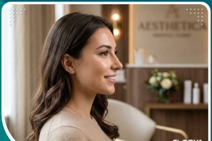 صورة مقربة لامرأة تتمتع بأنف متناسق وجميل بعد عملية تجميل الأنف بتقنية الموجات فوق الصوتية بدون كدمات أو تورم.