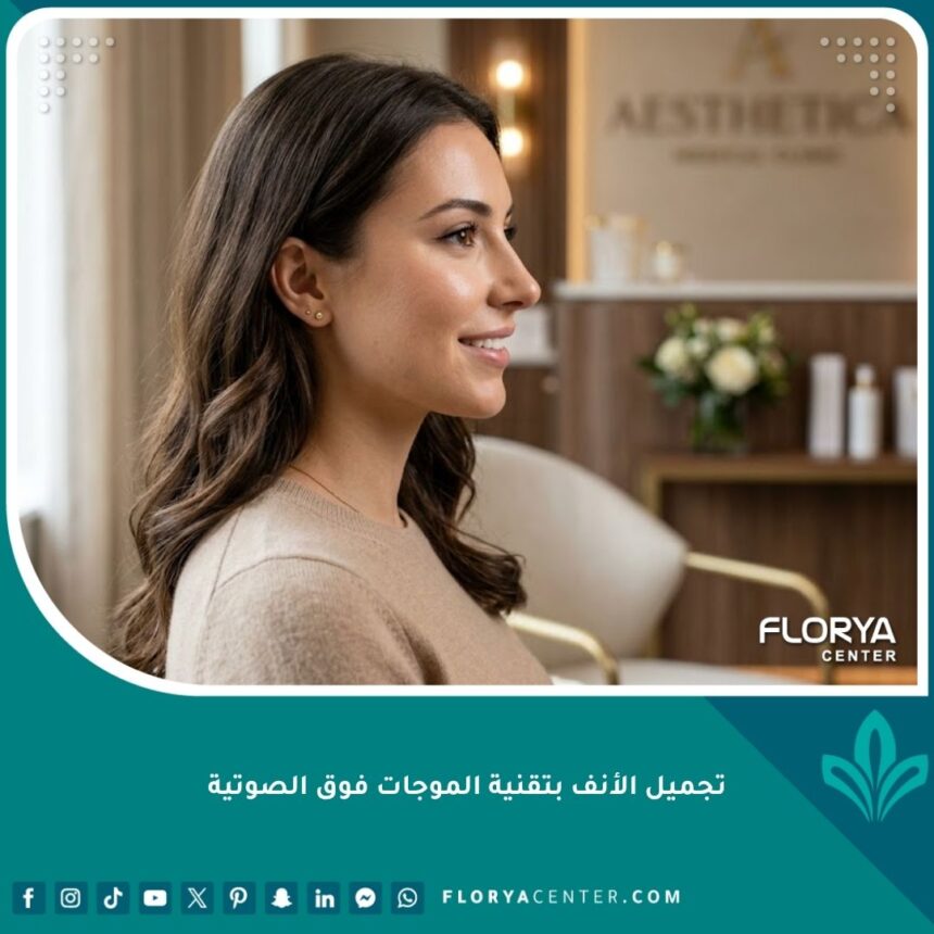 صورة مقربة لامرأة تتمتع بأنف متناسق وجميل بعد عملية تجميل الأنف بتقنية الموجات فوق الصوتية بدون كدمات أو تورم.