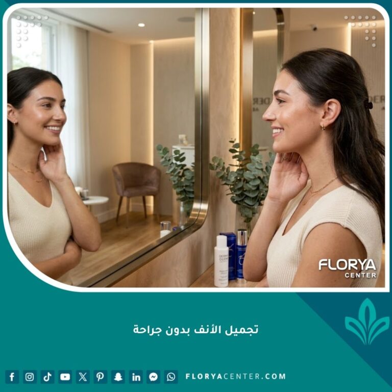 صورة لامرأة سعيدة بعد جلسة تجميل الأنف بدون جراحة في العيادة، تبرز النتائج الطبيعية الفورية بدون تخدير.