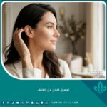 صورة جمالية لامرأة ترفع شعرها لتبرز تناسق الأذن الطبيعي كنتيجة مثالية لعملية تجميل الاذن من الخلف بدون ندبات ظاهرة.