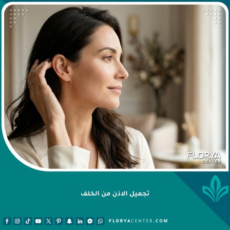 صورة جمالية لامرأة ترفع شعرها لتبرز تناسق الأذن الطبيعي كنتيجة مثالية لعملية تجميل الاذن من الخلف بدون ندبات ظاهرة.