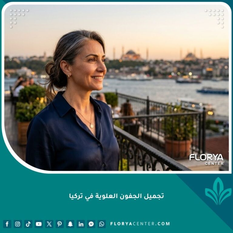 امرأة بملامح متجددة ومشرقة بعد عملية تجميل الجفون العلوية في تركيا، تطل على مضيق البوسفور في إسطنبول.