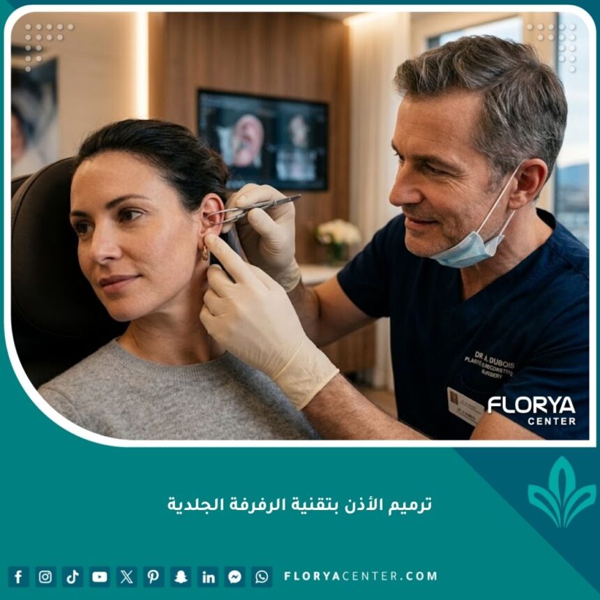 طبيب جراح يعاين المريض قبل عملية ترميم الأذن بتقنية الرفرفة الجلدية في عيادة تجميلية متقدمة.