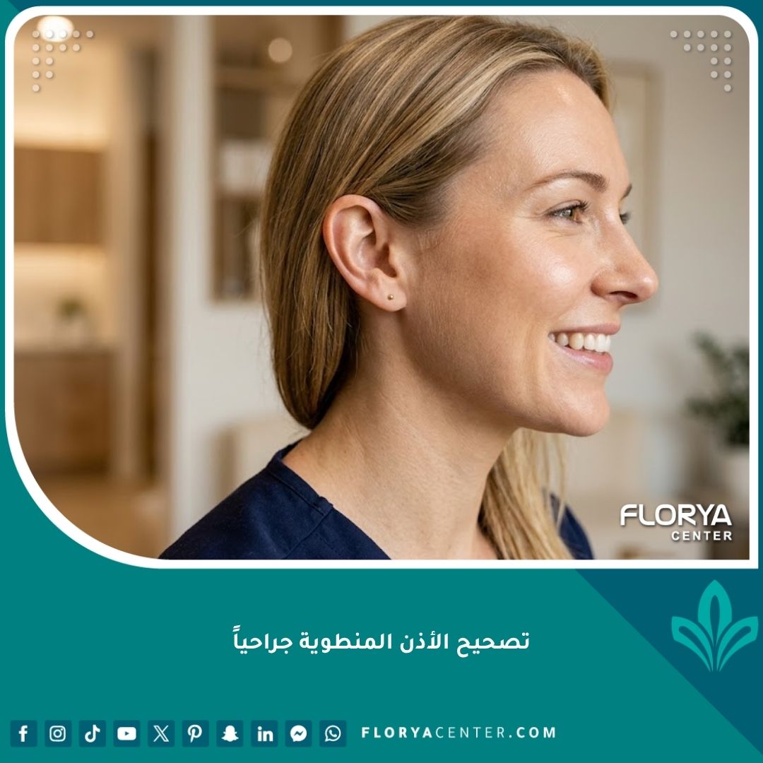 صورة مقربة تظهر نتائج عملية تصحيح الأذن المنطوية جراحياً بمظهر طبيعي وجذاب للمريض.