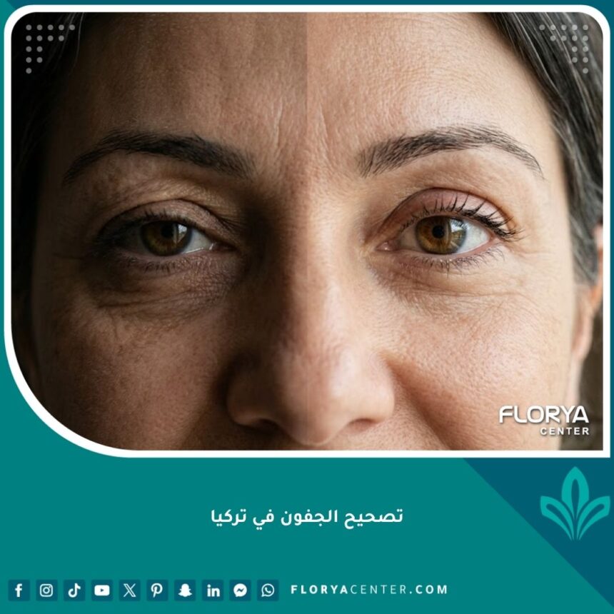 صورة سينمائية لامرأة قبل وبعد عملية تصحيح الجفون في تركيا، تظهر مظهرًا متجددًا وطبيعيًا بعد إصلاح عيوب سابقة.