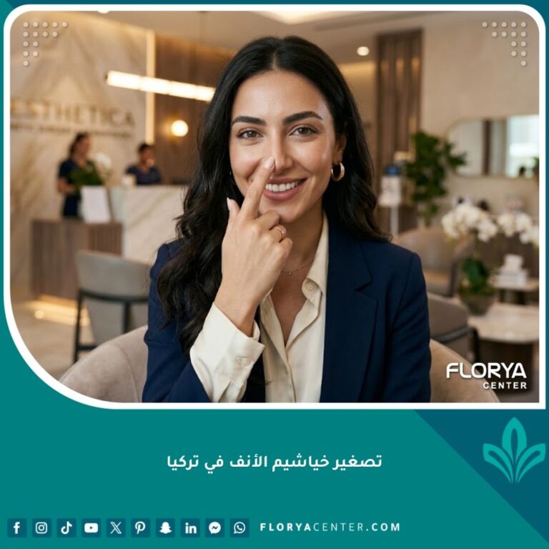 صورة لامرأة جميلة تتمتع بأنف متناسق وجذاب، تبرز نتائج عملية تصغير خياشيم الأنف في تركيا داخل عيادة تجميل فاخرة.