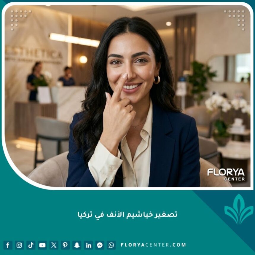 تصغير خياشيم الأنف في تركيا 1 صورة لامرأة جميلة تتمتع بأنف متناسق وجذاب، تبرز نتائج عملية تصغير خياشيم الأنف في تركيا داخل عيادة تجميل فاخرة.