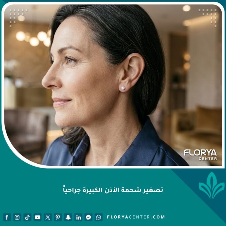 صورة مقربة تبرز نتائج عملية تصغير شحمة الأذن الكبيرة جراحياً لامرأة ترتدي قرطاً أنيقاً.