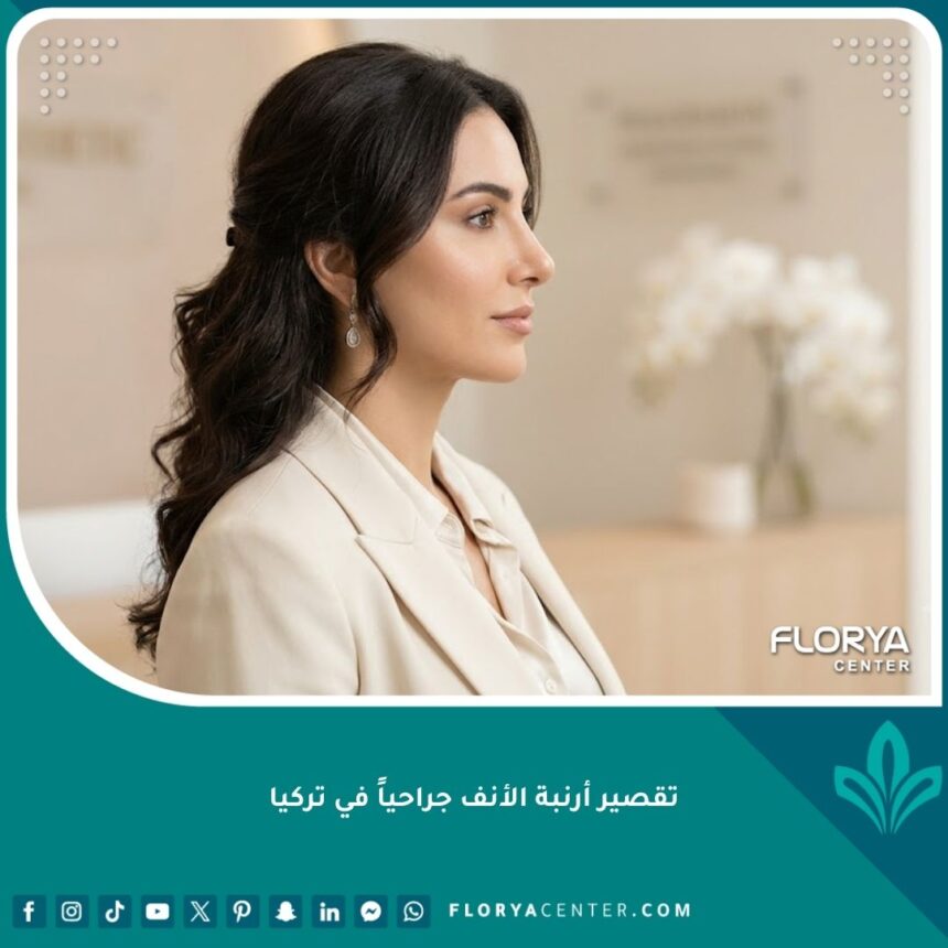 صورة جانبية لامرأة بملامح متناسقة بعد إجراء عملية تقصير أرنبة الأنف جراحياً بنجاح لتعديل الطرف المتدلي.