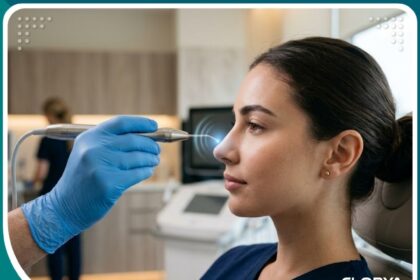 طبيب تجميل يستخدم جهاز تقنية ألتراسونيك لنحت الأنف بدقة عالية للحصول على مظهر طبيعي بدون جراحة عنيفة.