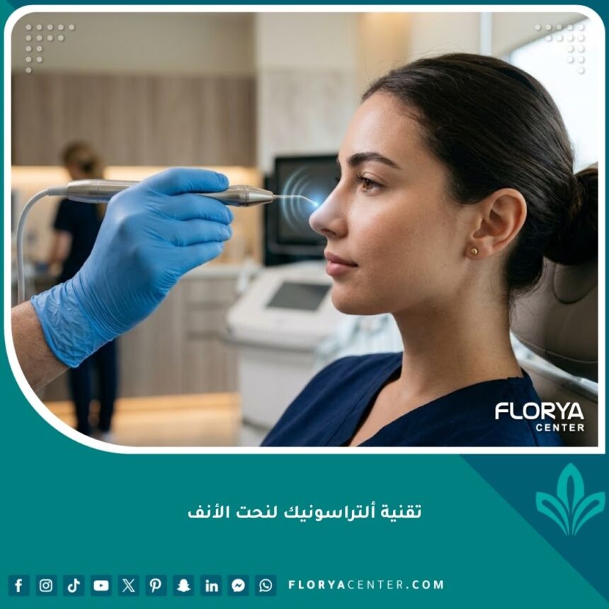 طبيب تجميل يستخدم جهاز تقنية ألتراسونيك لنحت الأنف بدقة عالية للحصول على مظهر طبيعي بدون جراحة عنيفة.