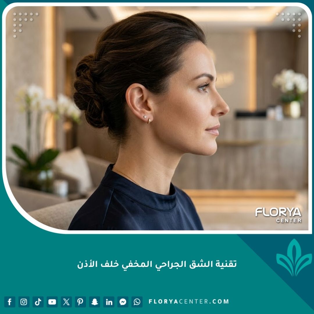 صورة مقربة توضح جمال الوجه والأذن بعد عملية التجميل دون أي ندبات ظاهرة باستخدام تقنية الشق الجراحي المخفي خلف الأذن.