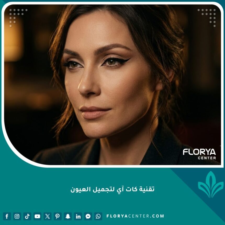 صورة سينمائية قريبة لعيون مرسومة بتقنية كات آي (Cat Eyes) تظهر سحباً حاداً ومثيراً للزاوية الخارجية للأعلى، مع بشرة خالية من العيوب ومظهر أنيق.