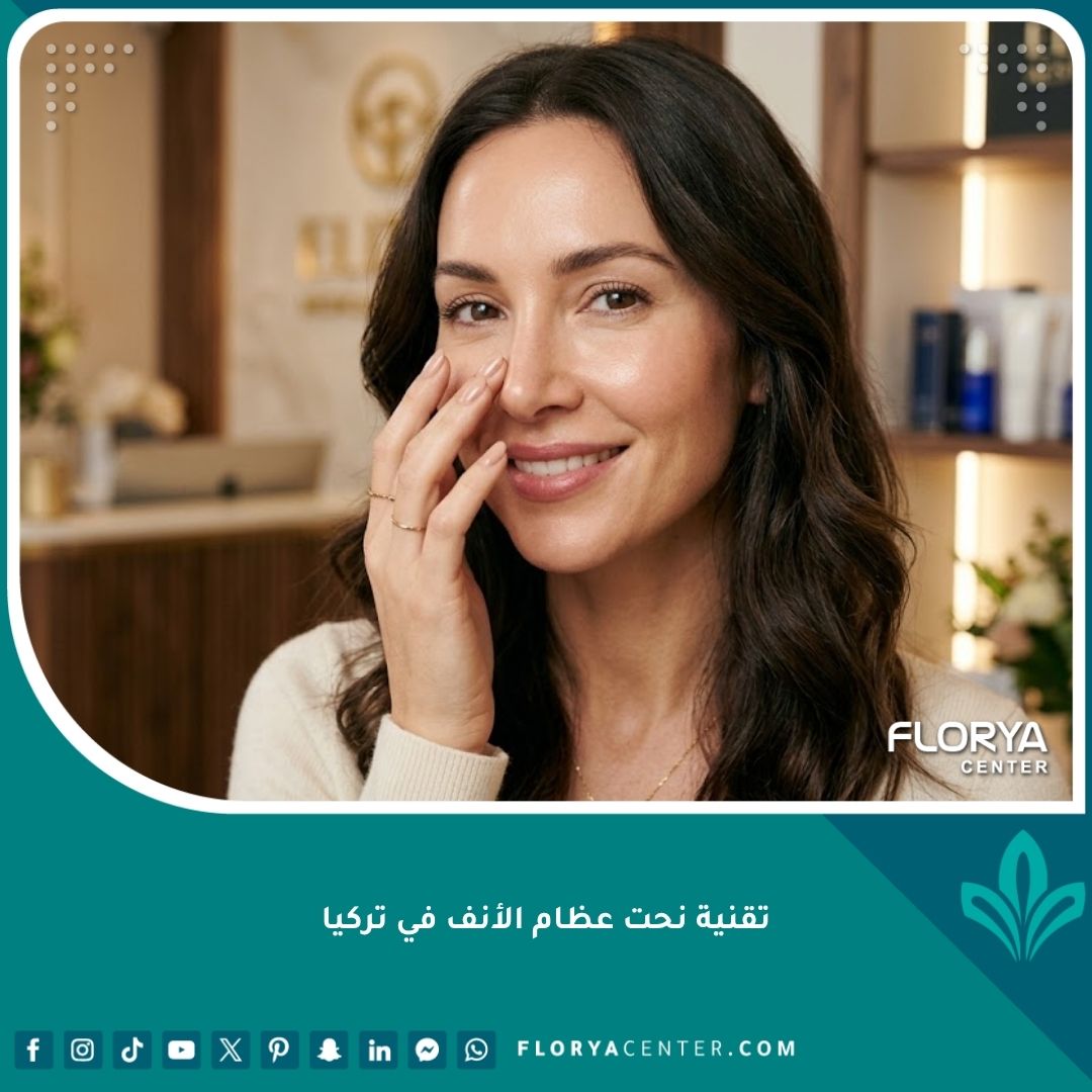 صورة مقربة لامرأة بملامح وجه متناسقة وجذابة بعد الخضوع لعملية تقنية نحت عظام الأنف في تركيا داخل عيادة تجميل فاخرة.