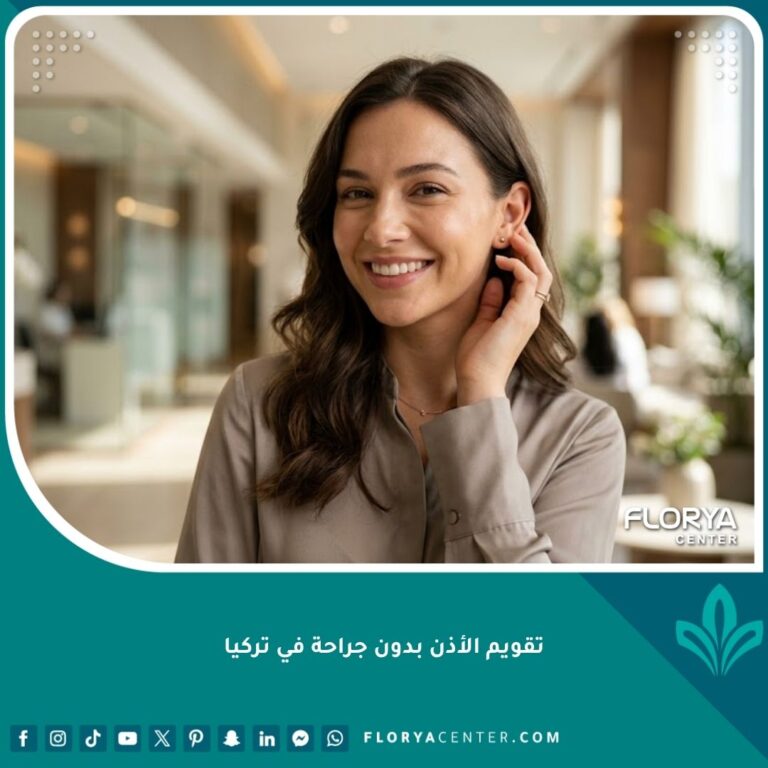 صورة لامرأة تبتسم بثقة بعد إجراء تقويم الأذن بدون جراحة في تركيا، تبرز جمال الأذنين وتناسقها بشكل طبيعي.