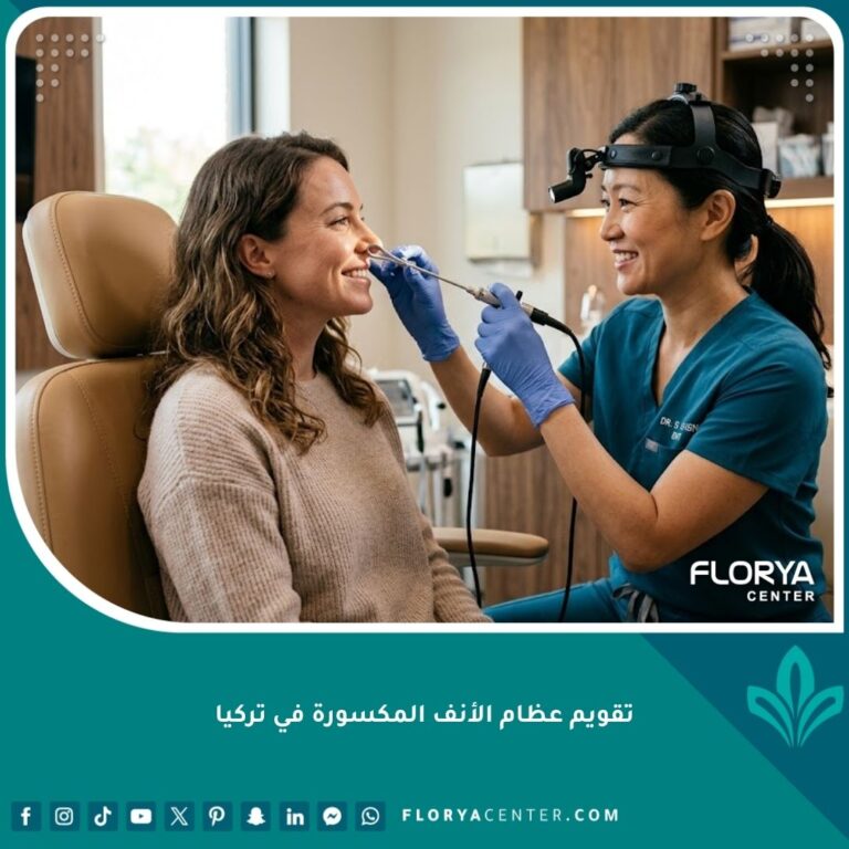 طبيب مختص يعاين مريضاً في عيادة حديثة قبل إجراء تقويم عظام الأنف المكسورة في تركيا.