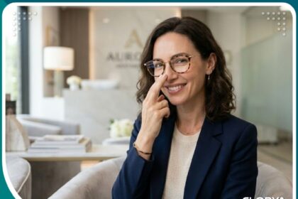 امرأة سعيدة تلمس أنفها بعد نجاح إعادة عملية تجميل الأنف في عيادة تجميل فاخرة.