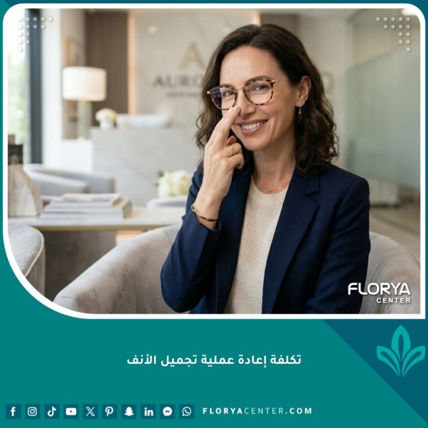 امرأة سعيدة تلمس أنفها بعد نجاح إعادة عملية تجميل الأنف في عيادة تجميل فاخرة.