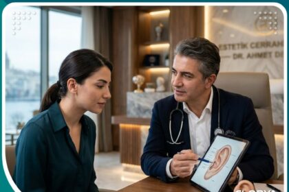 طبيب تجميل يناقش تكلفة عملية تصغير الأذن الكبيرة في تركيا مع مريض في عيادة حديثة