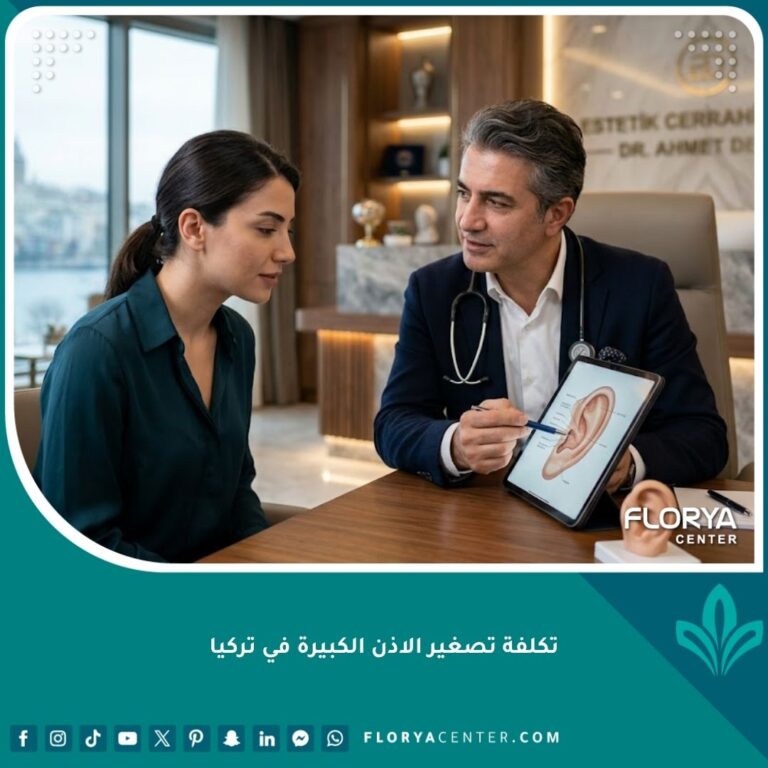 طبيب تجميل يناقش تكلفة عملية تصغير الأذن الكبيرة في تركيا مع مريض في عيادة حديثة