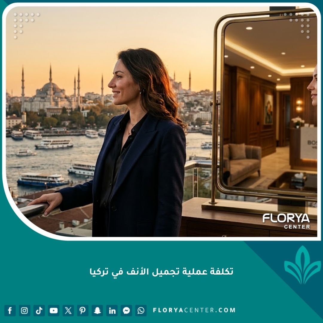 واجهة مقال عن تكلفة عملية تجميل الأنف في تركيا: امرأة واثقة تنظر إلى أفق إسطنبول الساحر، مع لمحة لمركز طبي فاخر.