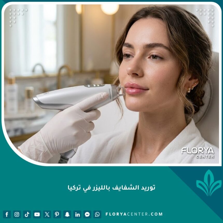 توريد الشفايف بالليزر في تركيا 1 صورة مقربة لامرأة تتمتع بشفاه وردية جذابة وجهاز ليزر تجميلي، تمثل نتائج توريد الشفايف بالليزر.