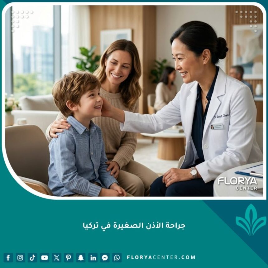 جراحة الأذن الصغيرة في تركيا 1 طبيب جراحة تجميل خبير يفحص طفل بابتسامة قبل إجراء جراحة الأذن الصغيرة في تركيا في عيادة طبية حديثة.