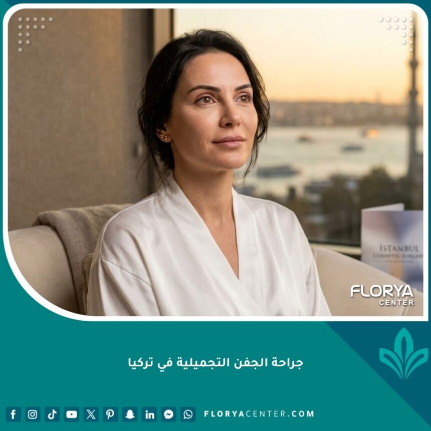 صورة تجميلية سينمائية لامرأة بعد جراحة الجفن في تركيا بملامح هادئة، مع منظر مطل على البوسفور في الخلفية، تُظهر النتائج الناجحة والطبيعية لجراحة رأب الجفن في إسطنبول.
