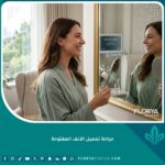 مريضة تنظر في المرآة بسعادة بعد نجاح جراحة تجميل الأنف المفتوحة للأنف المعقد.